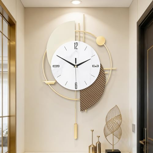 Large Decorative Wall Clock with Pendulum for Living Room, Matte White Half Circle & Gray Striped Scalloped, White Marble Dial, Silent for Living Room, Bedroom, Study, Office(Gold21.6*12.9in)