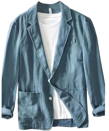 FYCYGG Mäns Bomull Linne Kavaj Slim Fit Enfärgad Lös Passform Kostym Jacka Dubbelknäppt Vår Sommar Casual Business Tunn Kavaj(Dark blue,L)
