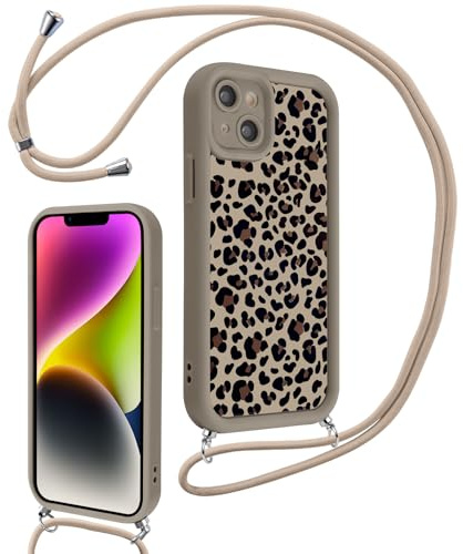 Votvloay Handykette Handyhülle für iPhone 13 6,1 Hülle mit Band, Aesthetic Leopard Muster Kordel zum Umhängen Case, Weich Dünn Silikon TPU Bumper Stoßfest Schutzhülle Cover für iPhone 13, Khaki