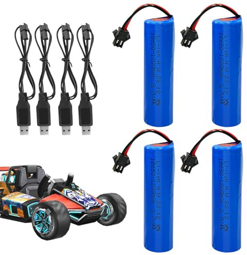 3.7V 1200mah Li-Ion Battery, 4 Pcs 3.7 V 18650 Rechargeable Lithium Batterie with 4 USB Charger, Universal Li-ion Battery for Remote Control Cars, Robots, DIY Electronics Products, Toys, Length 65mm
