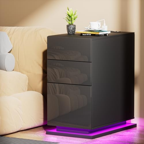 HaodaCulture Nachttisch 30 cm Breit, Nachttisch Schmal mit Steckdose, Nachtschrank Schwarz, 3 Schubladen, 2 USB Anschlüsse, 2 Steckdosen, für Wohnzimmer, Schlafzimmer 50x30x63 cm
