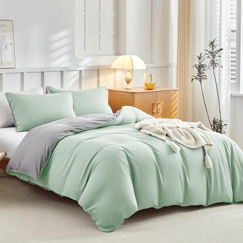 Tokokimo - Funda nórdica de 220 x 240 cm con 2 fundas de almohada de 65 x 65 cm, color verde salvia y gris claro, juego de cama de 220 x 240 cm, 100% microfibra, 3 piezas, funda nórdica con