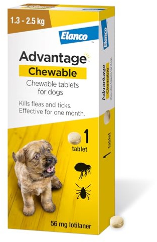 Advantage Chewable 56mg Chewable Tablets for Dogs 1.3-2.5kg (1 pack), Flea and Tick Treatment, Fast Acting Kills Fleas Within Hours, Prevention Lasts For A Month, Easy To Administer