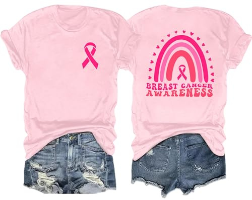 hohololo Tee Shirt Octobre Rose Femme T - Shirt avec Cœur Rose Ruban et Campagne Cancer du Sein
