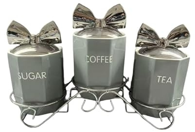 Juego de 3 botes de almacenamiento de cocina con soporte, tarros de cerámica para té, café, azúcar, color gris con lazos