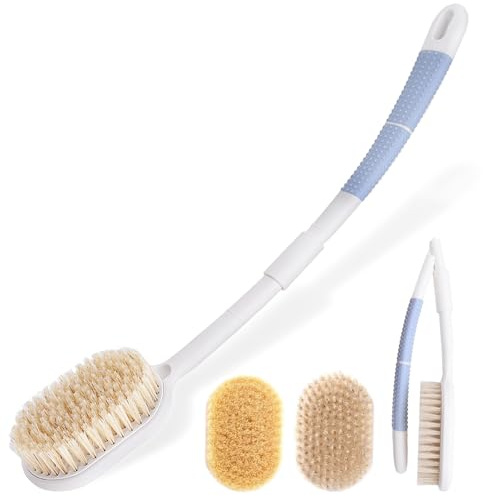 Wiseten Spazzola Schiena Doccia con Manico Lungo Pieghevole, Spazzola per Pulizia Della Schiena 2 in 1 con Testine Sostituibili, Spazzola da Doccia con Manico Curvo per Donne, Uomini, Anziani