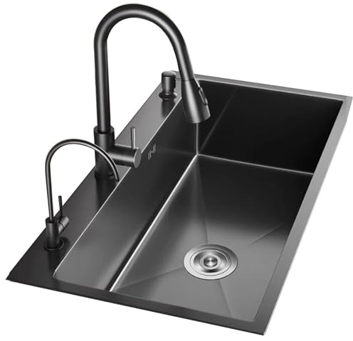 Lavello da Appoggio in Acciaio Inox con Sifone, Vasca Singola, Rubinetto, Lavello da Appoggio in Diverse Misure, per Cucina, Lavastoviglie, Bagno, Lavamani,Black Steel-75 * 43 * 20cm