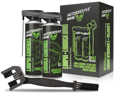 Motorrevive Pack Adventure Line con Limpiador, Lubricante y Cepillo para Cadenas de Moto Off-Road 380 + 380 ml. Grasa Líquida. Mantenimiento Completo para Motocross, Enduro y Rutas Todo Terreno