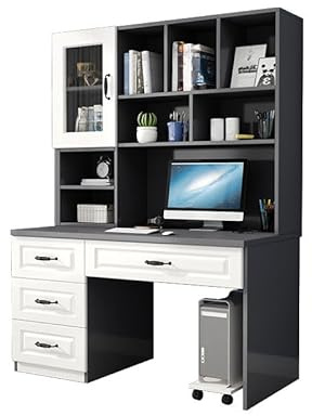 Computertisch mit Aufsatz, CPU-Schrank und Bücherregal, Schublade mit sanftem Schließmechanismus, seitliche Aufbewahrung, Kabelmanagement, stabiles Home-Office für den Einsatz im Schlafzimmer, Grau –