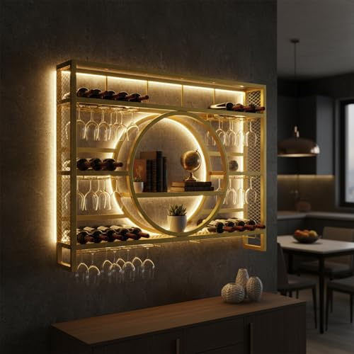 GWPGJW Weinregal Wand Metall, Bar Regal mit Weingläserhalter - Modernes Weinflaschenregal für Küche, Esszimmer, Home Bar und Restaurant, Wandmontage (Gold, 100cm)