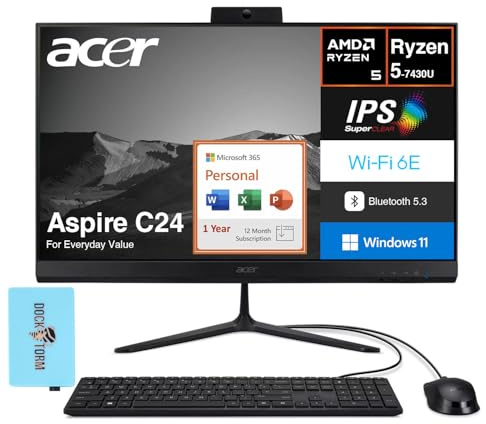 acer Aspire C24 Everyday Value All-in-One 23.8 FHD (AMD Ryzen 5 7430U, 32GB DDR4, 512GB PCIe SSD, AMD Radeon, Win 11 Pro) w/MS 365 Personal, DKZ USB Port Expander