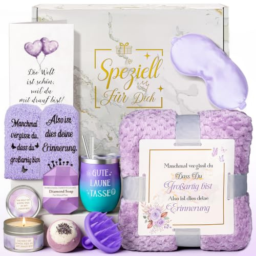 TUZELIYA Geschenke für Frauen Freundin - Geburtstagsgeschenk - Wellness Geschenkset - Gute Besserung & Mutmacher Geschenke - Geschenkideen für Mama, Schwester, Tochter, Kollegin, Tante, Ehefrau - Lila