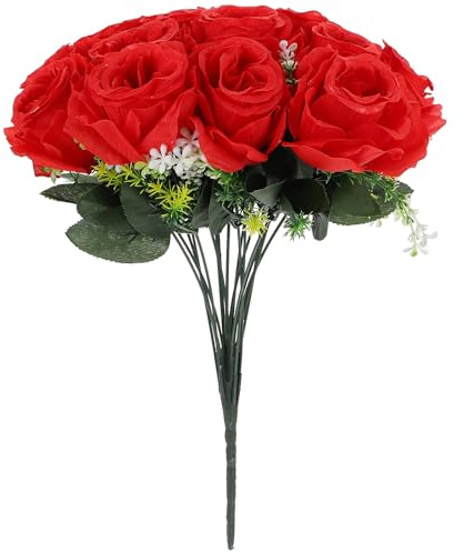 Lurrose Artificial Rose Bouquet for Cemetery 18-Head Faux Flowers Silk Memorial Floral Arrangement Red Grave Decoration for Funeral and Wedding