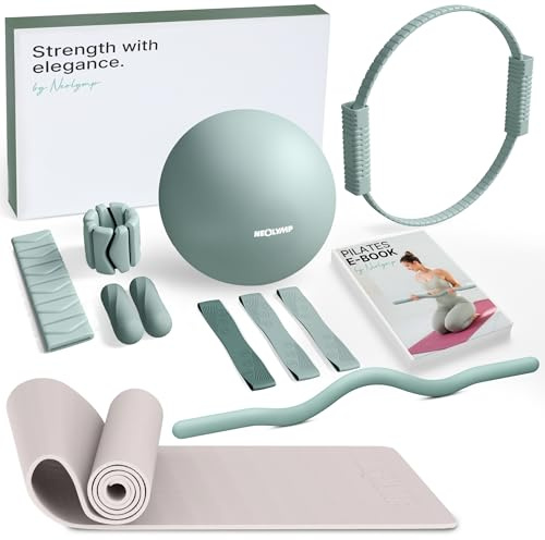 NEOLYMP Pilates Set für Zuhause – Pilates Ball, Pilates Ring & Gewichte – Komplettes Pilates Zubehör Set – inkl. Premium Geschenkbox, Pilates Bänder, 1kg Hanteln, SZ Stange & E-Book