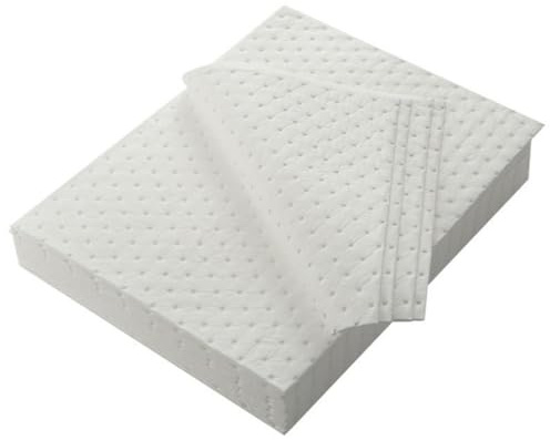 Premium oljeabsorberande dynor/mattor, endast olja – absorberar oljor, bränslen och petroleumvätskor, avvisar vatten, idealisk för marin, spill respons , återanvändbar, 40 x 50 cm, vit (100 st, 3 mm)