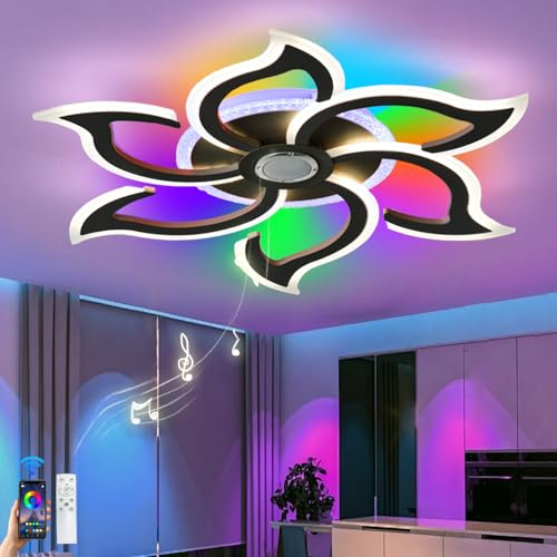 Caufloce RGB Deckenleuchte mit Bluetooth Lautsprecher Dimmbare 78cm Led Deckenlampe Für Schlafzimmer und Wohnzimmer mit Fernbedienung und Speicherfunktion Moderne Blumen Deckenleuchten mit App Schwarz