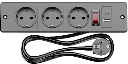 Inbyggt uttag, 3-faldigt med strömbrytare och 2 USB (USB-A och USB-C) bordsuttag, flera uttag med 1,5 m förlängningskabel, grenuttag för bänkskiva, konferensbord, inomhus, svart