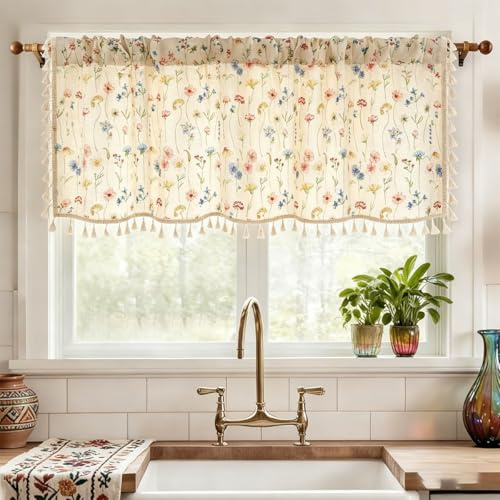 Devola Leinenoptik Scheibengardinen mit Fransen Blumenmuster HxB 90x180cm | Küchengardine Landhausstil Bistrogardine Lichtdurchlässig, Romantisch Fenstervorhang Naturfarben 1 Stück