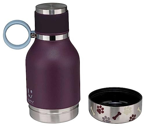 Asobu Dog Water Bottle with Built-In Bowl – Burgundy – Stainless Steel Insulated Travel Bottle – 1 L