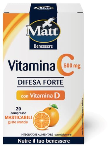 Matt - Integratore Vitamina C 500 - Integratore per Difese Immunitarie a Base di Vitamina C e Vitamina D, in Compresse Gusto Arancia - Riduce Stanchezza e Affaticamento - 20 Compresse (22 g)