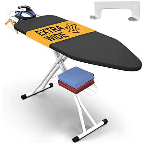Xabitat Full Size Ironing Board, 57x18 Wide Heavy Duty Iron Board with Wall Mount Hanger – Foldable, Height Adjustable 30-36, Full Metal Frame, Heat & Scorch Resistant 3-Layer Cover, Cord Holder