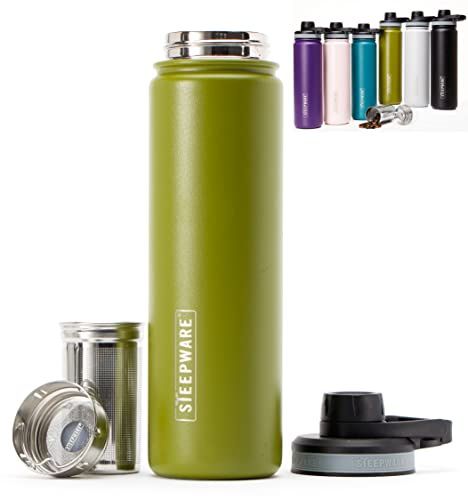 The Tea Spot Steepware Tea Tumbler and Thermos, 22oz, Tea Bottle with tea infuser for loose leaf tea or iced coffee, Sleek Double Wall Tumbler & Insulated Travel Bottle - Olive