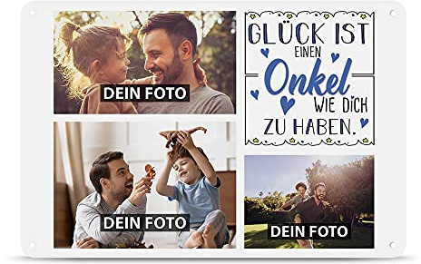 Blech-Schild selbst gestalten - Glück ist einen Onkel wie dich zu haben - Metall-Poster mit 3 Fotos - Schild A4 I Personalisiertes Geschenk für den Onkel, Geburtstag, Weihnachten