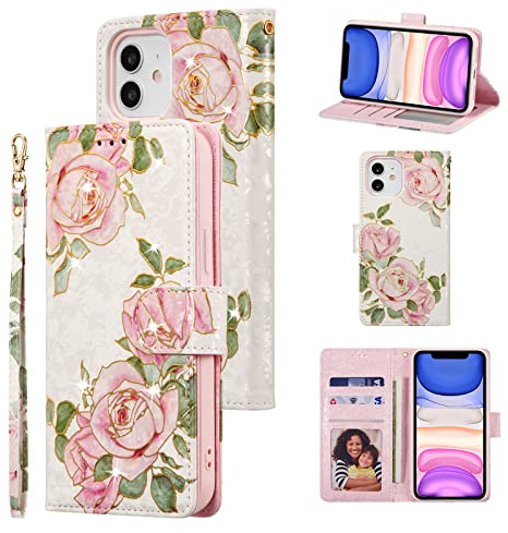 UEEBAI Wallet Case for iPhone 11, PU Leather Phone Case Kickstand RFID Blocking Flip Case with Card Slots Wrist Strap Relief Engraved Pattern Magnetic Closure Folio Case - Rosette