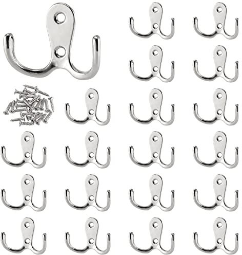 ZOENHOU 20 ganci da parete a doppio punto, gancio doppio in metallo con 40 viti, appendini doppi cromati, stile retrò, argento, per porta del bagno, asciugamani, vestiti, sciarpa, 5,5 x 4 cm