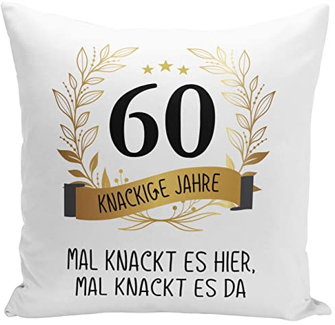 Tassenbrennerei Kudde 60-årsdag – 60 krispiga år gånger knäcker den här gången spricker den där – inklusive kuddfyllning – födelsedagspresent rolig med ordspråk (60)