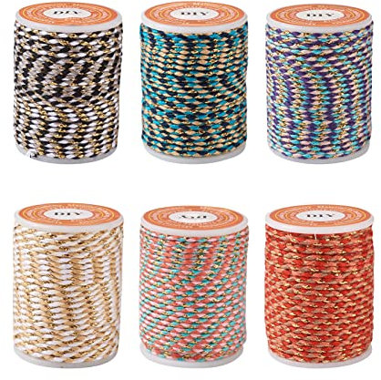 Beadthoven 6 Rollen 4-lagige Baumwollkordel, handgefertigtes Makramee-Baumwollseil mit goldenem Draht, 1,5 mm, für Geschenkverpackungen, Wandbehänge, Pflanzenaufhänger, 4,3 m/Rolle