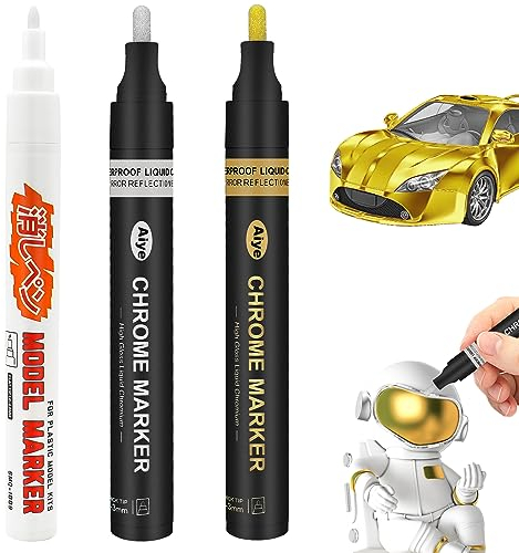 Autoau Liquid Chrom Marker 3 Stück Wasserfest Spiegel Marker Permanent Chrom Lackstift 2-3 mm Hochglänzend Metallic Marker Flüssiger Chrommarker für Modellbau Metall Glas Kunststoff DIY Handwerk