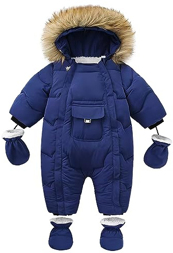 L SERVER Combinaisons de Neige Bébé Garçon Chauds Coupe-vent Jumpsuit Fille Epais Combinaison Pilote Polaires Vêtements de Ski avec Gants + Couvre Pieds, Bleu Marine, 12-18 mois