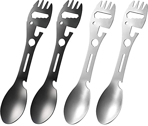 Graootoly 4 Stück 10-in-1 Camping Spork Multifunktionaler Göffel Dosenöffner gezackter Schraubenschlüssel für Outdoor Wandern Rucksackreisen
