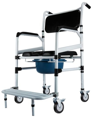 Toilettenrollstuhl Nachtstuhl Klappbar, Kommodenstuhl abnehmbarem Eimer und wasserdichtem Design Höhenverstellbar 100-110cm mobiler Duschstuhl für Senioren Behinderte Toilettenrollstuhl