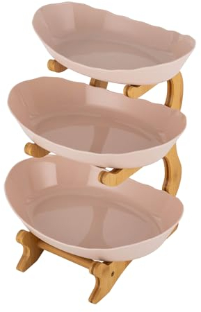 Fyssnn Frutero de 3 pisos con soporte de madera de bambú, 3 niveles, con soporte, adecuado para almacenar frutas, dulces, postres, etc. (beige)