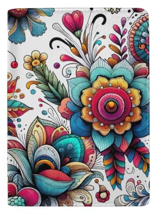 Reisepasshülle für Herren, Leder, mit buntem Boho-Blumenmuster, Buntes Boho-Blumenmuster