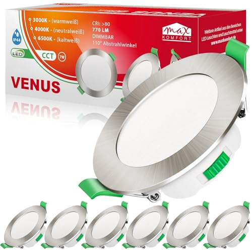 Maxkomfort 6x LED Bad Einbaustrahler Dimmbar 230V flach | 7W | IP44, 110°, 770 Lumen, 68mm | Warmweiß Neutralweiß Kaltweiß | Einbauspot Deckenspot | VENUS
