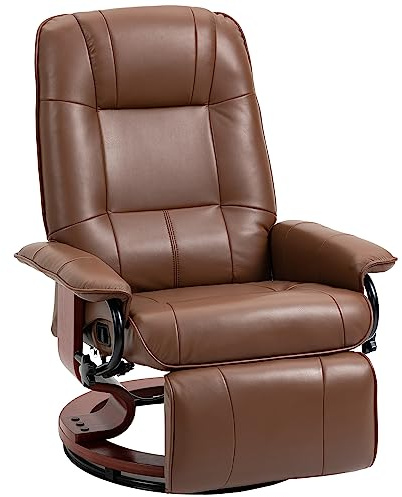 HOMCOM Fauteuil relax pivotant Fauteuil TV avec fonction chaise longue, repose-pieds, fauteuil inclinable avec accoudoirs, pieds en bois pour salon, chambre à coucher, similicuir, marron