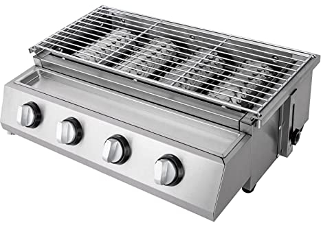 Bruciatore a gas a 4 fiamme, in acciaio inox, GPL, fornello laterale, senza fumo, con contenitore di raccolta dell'olio rimovibile, per campeggio, barbecue, 58 x 40 x 20 cm