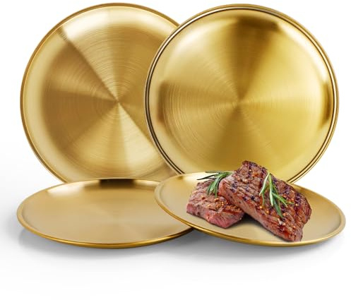 WATUNID 4 Pcs Stainless Steel Dinner Plates, 8Inch Round Dinner Dishes for Kids Toddlers Children, Metal Camping Plates, Gold Serving Plate for Main Dishes, Grilled Meat, BBQ, Dessert, Salad, Fruit