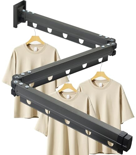 Gemsaya Clothes Drying Rack Wall Mounted 126cm, Triple Foldable Laundry Drying Airer Rack with Extension Pole, Gun Grey Retractable Clothes Hanger Rack with Hooks for Home Balcony Bedroom