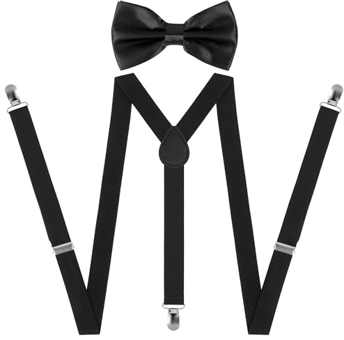 Beaface Juego de tirantes y pajarita para hombre, tirantes para hombre, pantalones con 3 clips fuertes, tirantes elásticos ajustables para boda, negocios, casual, Negro, Taille unique