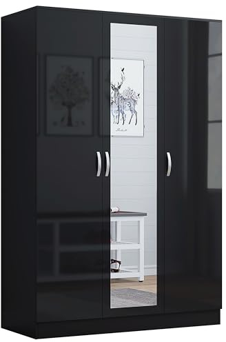 Nera Gloss Black 3 Door Wardrobe with Mirror and Shelves 180cm for Bedrooms | Adjustable Shelves and Full Length Mirror
