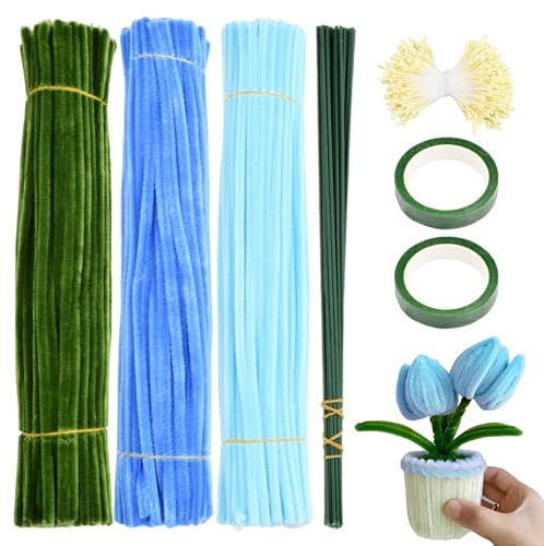 Anseom 300pcs Tulip Pipe Cleaner Set, 30cm Chenille Stems in 3 Colors, Flexible Tulip Bouquet Pipecleaners, Fuzzy Sticks Craft with 400 Flower Stems, 20 Green Florist Wire, 2 Florist Tape (Blue)