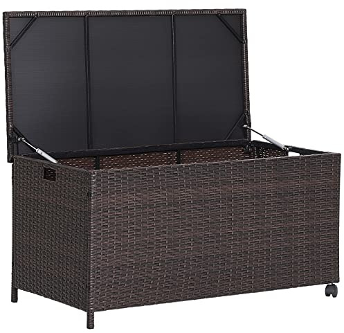 TANGZON 190L Rattan Garden Storage Box with Wheels | Outdoor Deck Box With Zippered Liner, Safety Pneumatic Rod, Handles, PE Rattan Patio Cushion Storage