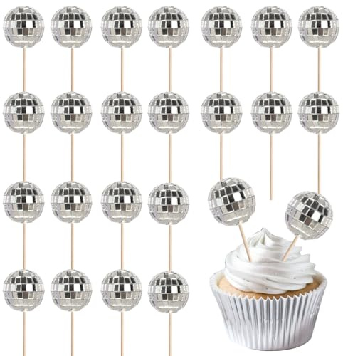 SYKYCTCY 24 Pack Disco Ball Cake Toppers 70's Disco Ball Cake Decorations Disco Happy Birthday Cake Picks for 1970s 70s 80s 90s Birthday Party Supplies