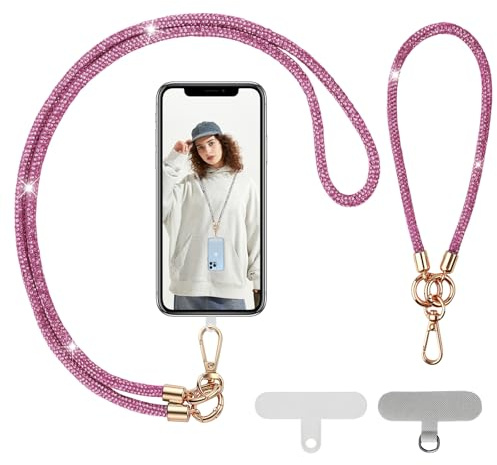 Violett Glitzer Handykette Universal, incl. Handykette Lang und Kurz Handgelenk schlaufen zum Umhängen, mit 2 Stück Universal Pad, 120 cm Glitzer Handyband Passt für alle Smartphones Mädchen Frau