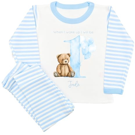 Personalised Birthday Pyjama Set Blue Stripe Boys Unisex Teddy Bear Design with Name and Age - 100% Cotton Made in GB When I wake up I will be (UK, Age, 1 Year, 2 Years, Pyjamas: Blue Stripe)