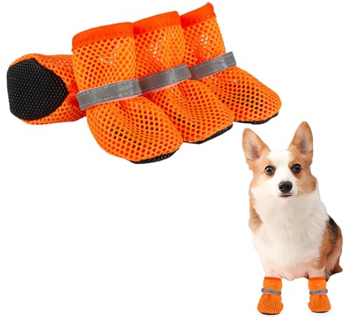 Sommer Mesh Hunde Schuhe, 4 Stück Atmungsaktive Pfotenschutz Hundeschuhe Anti-Rutsch Hundeschuhe für heiße Sommerböden, Sommer Verstellbarem Hundestiefel fürkleine Hunde (Orange, L)